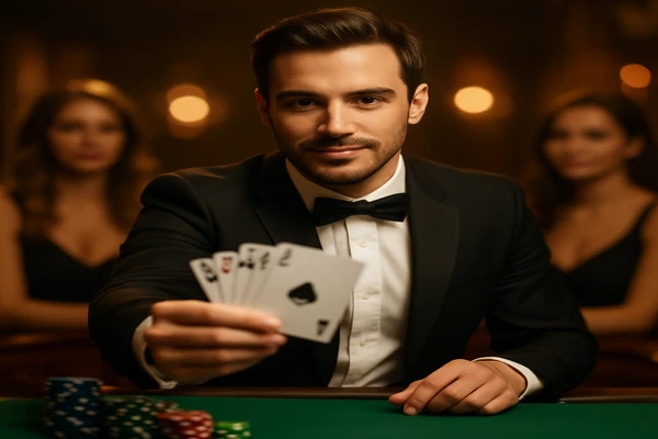 একজন নারী ল্যাপটপে অনলাইন গেম উপভোগ করছেন, চারদিকে উজ্জ্বল ক্যাসিনো পরিবেশ ছড়িয়ে পড়েছে