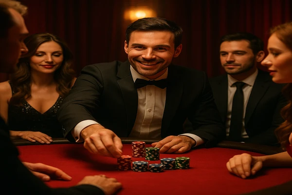 আলোকোজ্জ্বল গেমিং পরিবেশে একজন আত্মবিশ্বাসী ডিলার vc666 অ্যাকাউন্টে নিরাপদ প্রবেশের আহবান জানাচ্ছেন।